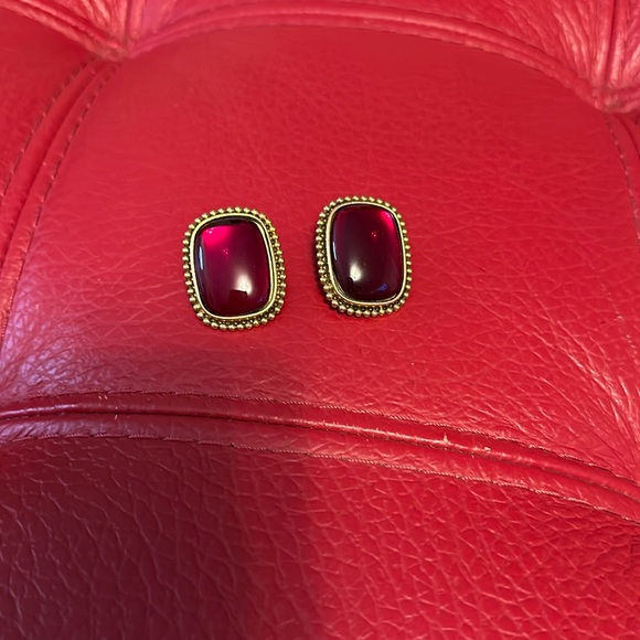 Yves Saint Laurent rectangle with red cabochon center clip earrings - Picture 1 of 14